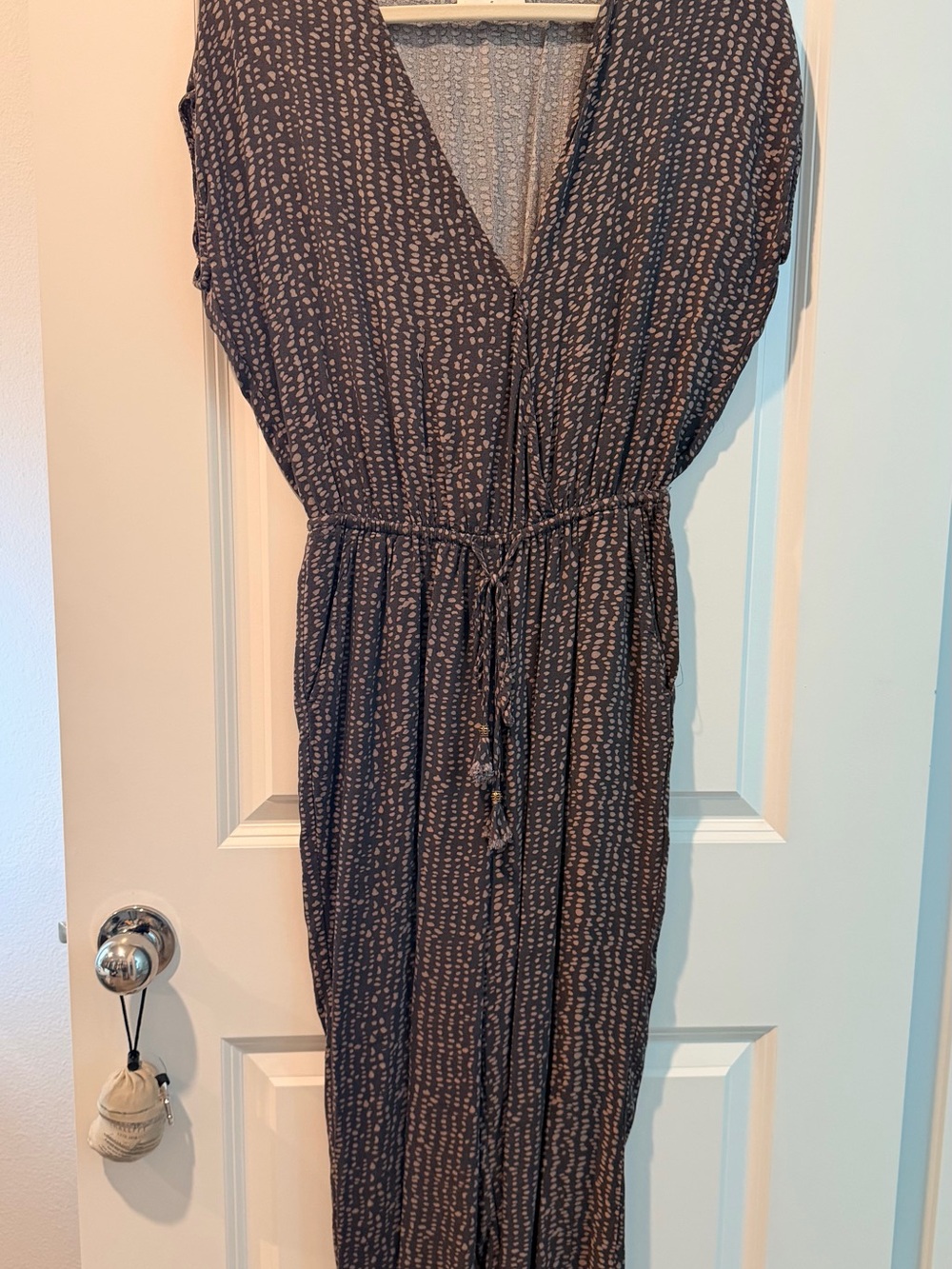 V-Neck Dark Navy Patterned Women’s Jumpsuit pants with Drawstring Waist